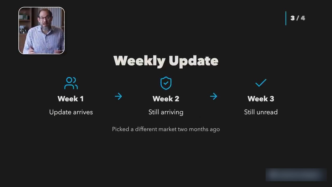 Slide Weekly Update: Week 1 Update arrives, Week 2 Still arriving, Week 3 Still unread
