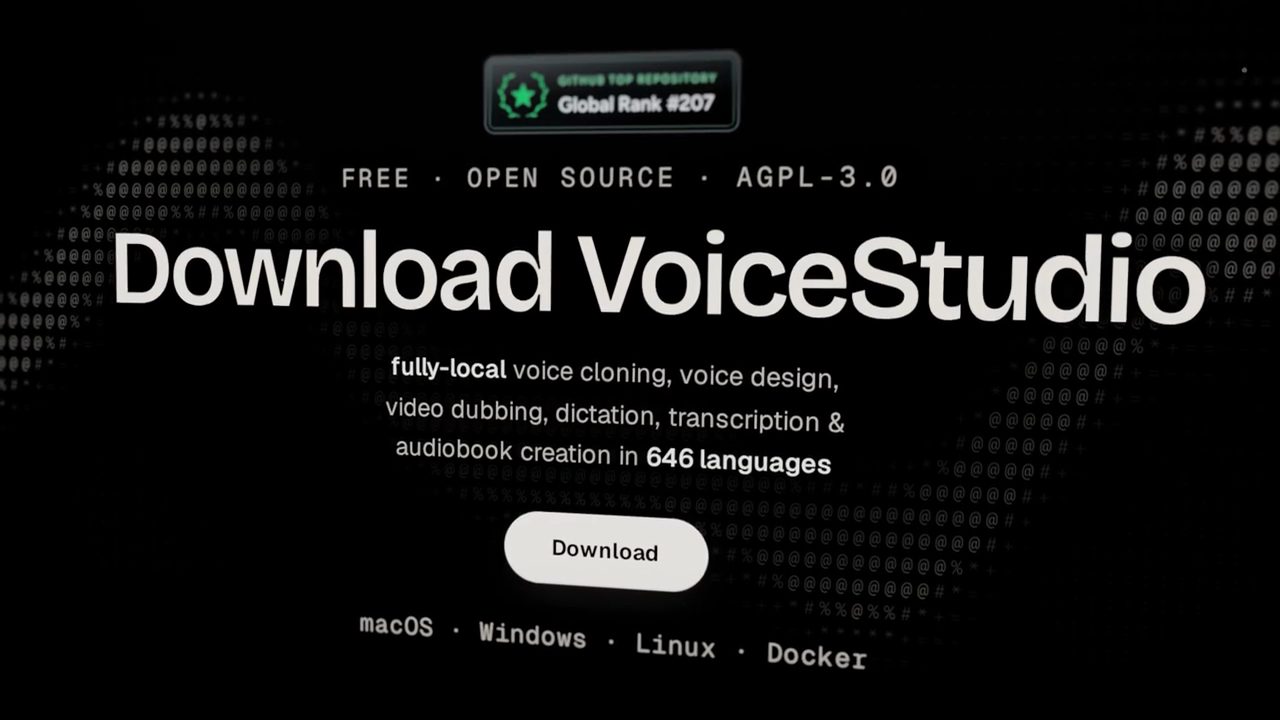 Trang tải VoiceStudio: Free, Open source, AGPL-3.0, 646 languages, macOS, Windows, Linux, Docker