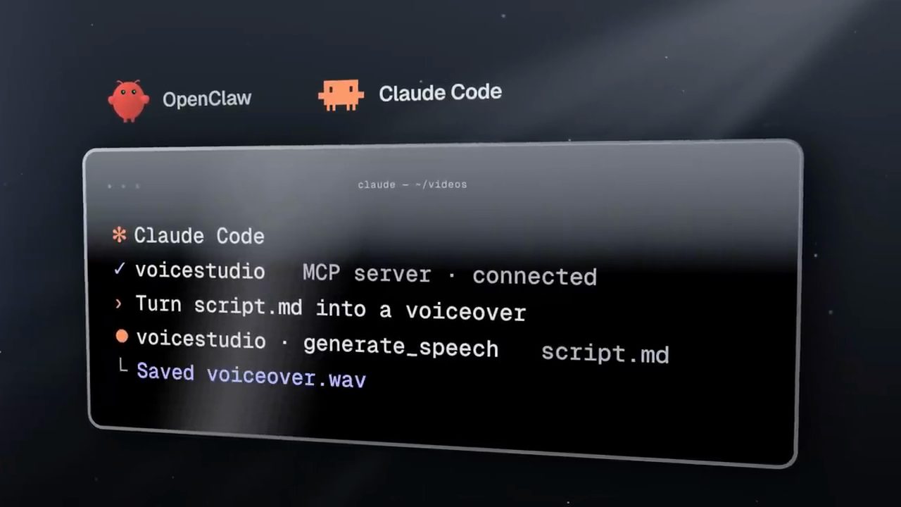 Cửa sổ terminal Claude Code: voicestudio MCP server connected, lệnh Turn script.md into a voiceover, voicestudio generate_speech, Saved voiceover.wav