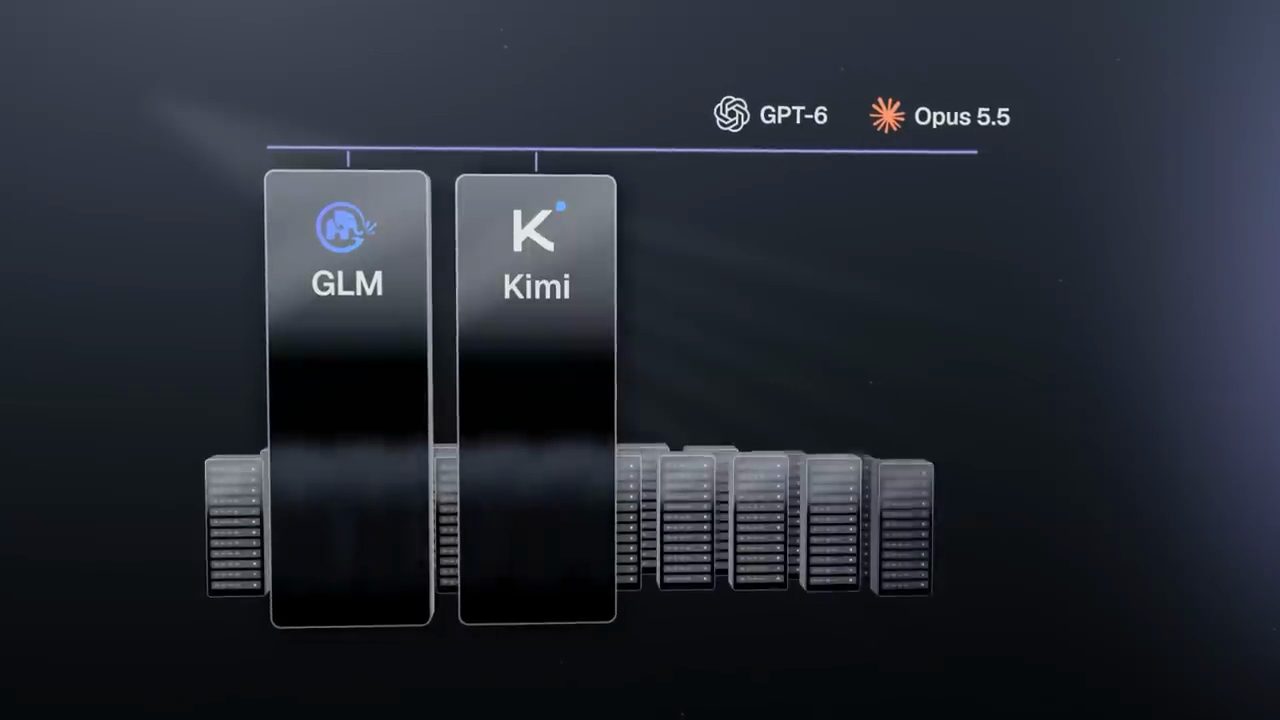 Hai khối GLM và Kimi đứng trước dãy máy chủ, bên trên là GPT-6 và Opus 5.5