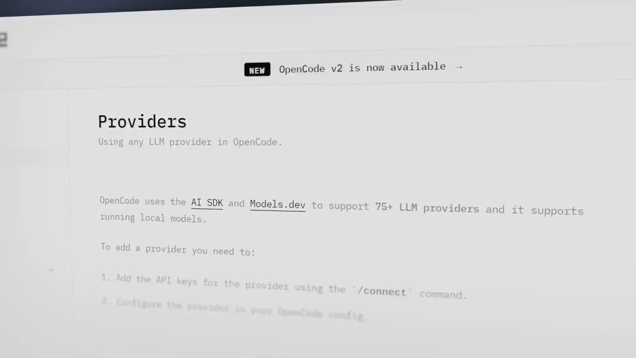Trang tài liệu Providers của OpenCode: dùng AI SDK và Models.dev để hỗ trợ hơn 75 LLM provider và chạy model local
