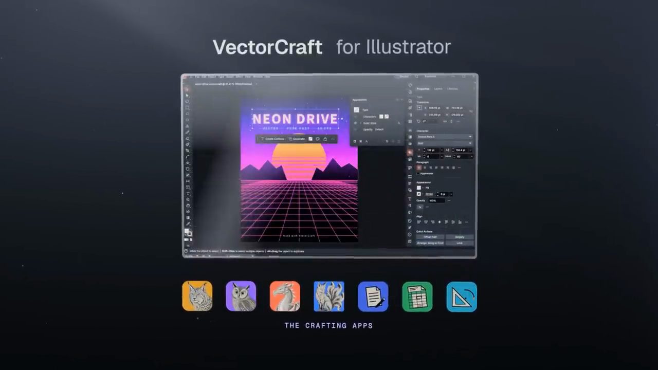 VectorCraft for Illustrator: một poster Neon Drive đang được chỉnh, bên dưới là hàng biểu tượng The Crafting Apps