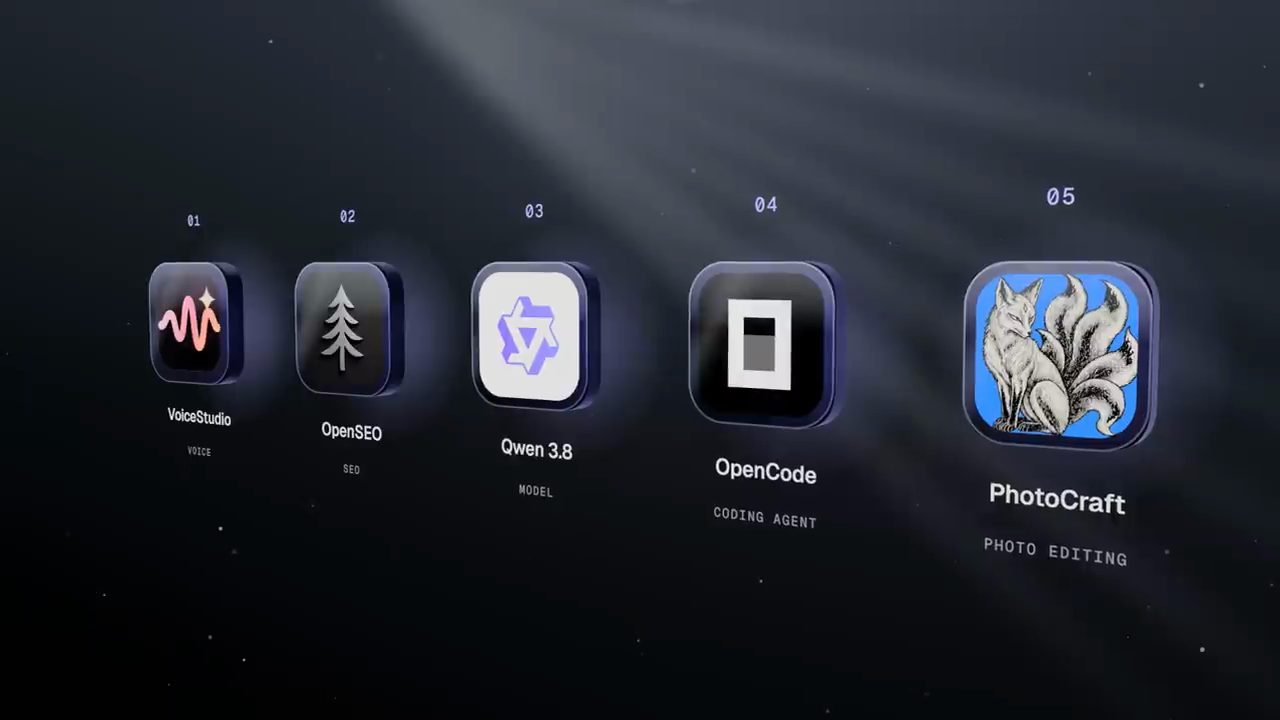 Năm biểu tượng công cụ open source: VoiceStudio, OpenSEO, Qwen 3.8, OpenCode, PhotoCraft