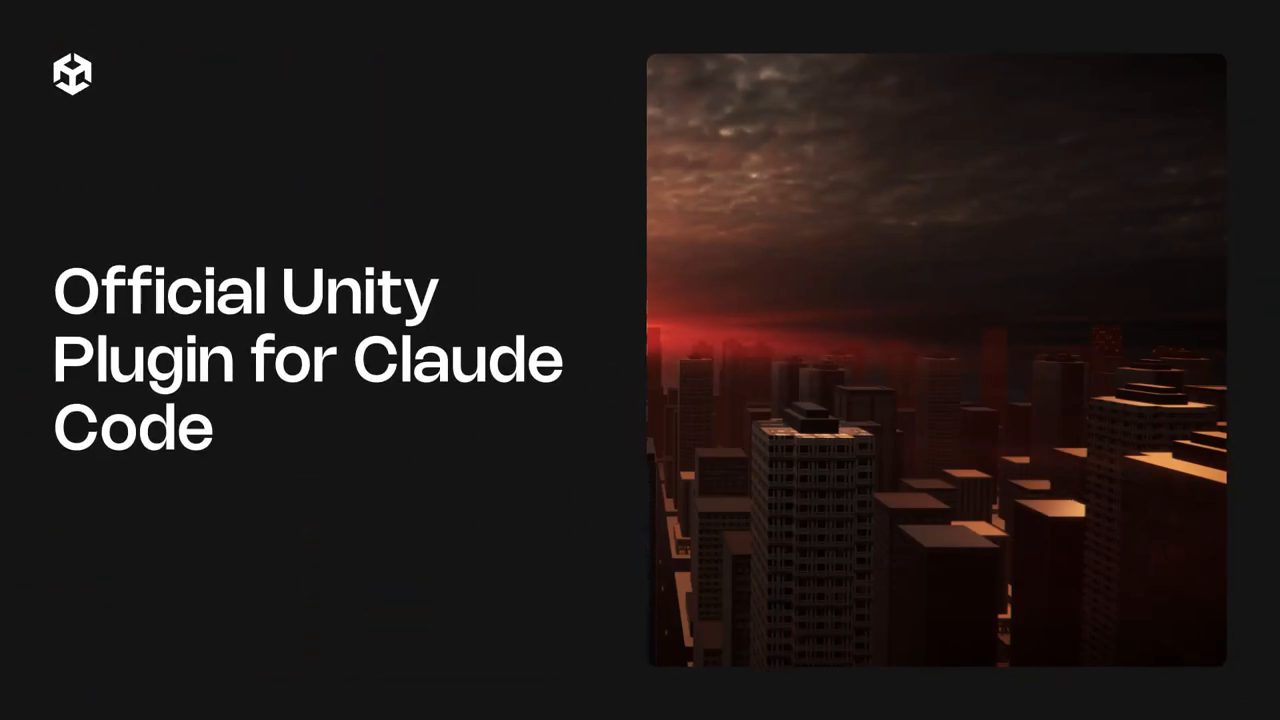 Màn hình tiêu đề: Official Unity Plugin for Claude Code, bên cạnh ảnh một thành phố lúc hoàng hôn
