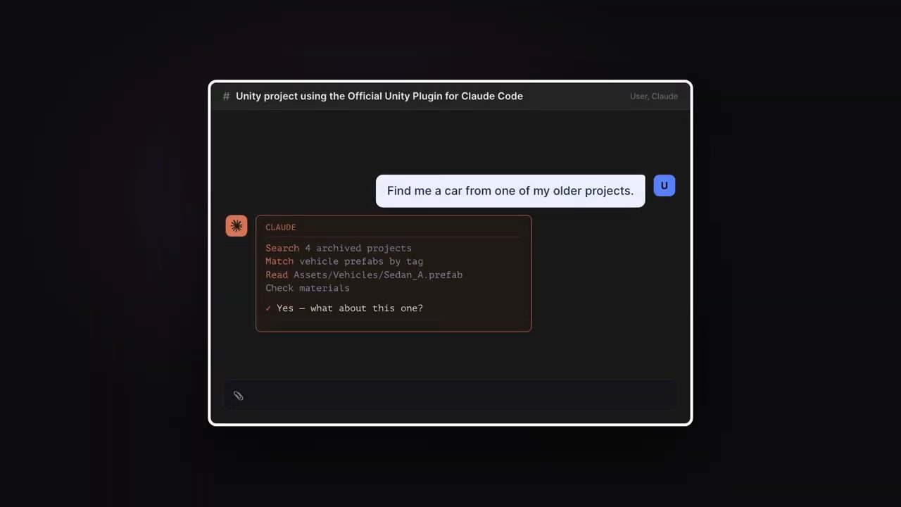Hội thoại với Claude: yêu cầu tìm một chiếc xe từ project cũ, Claude tìm trong 4 project lưu trữ và đọc file Sedan_A.prefab