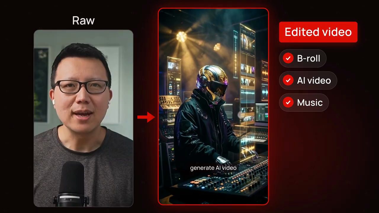 So sánh Raw và Edited video: bên phải là cảnh video AI một DJ đội mũ bảo hiểm trước bàn mixer