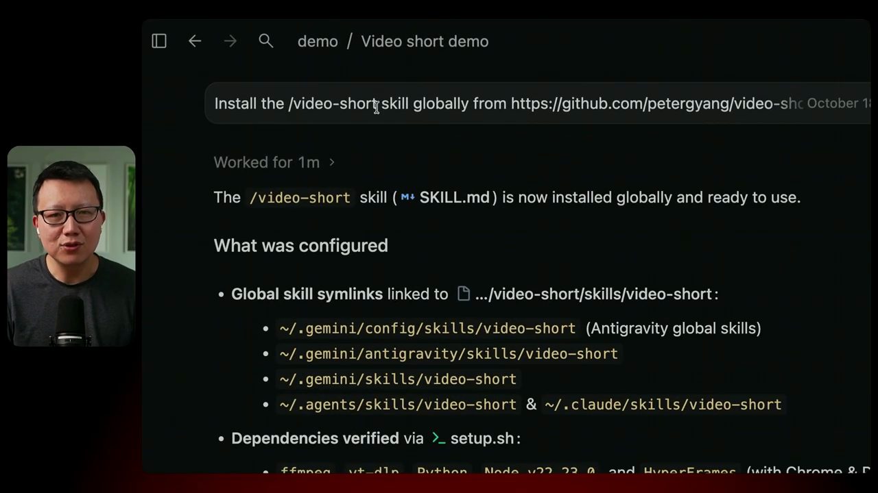 Antigravity báo skill /video-short đã cài global, liệt kê các symlink và dependency