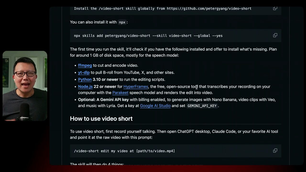 README của repo video-short: cách cài bằng npx và danh sách dependency
