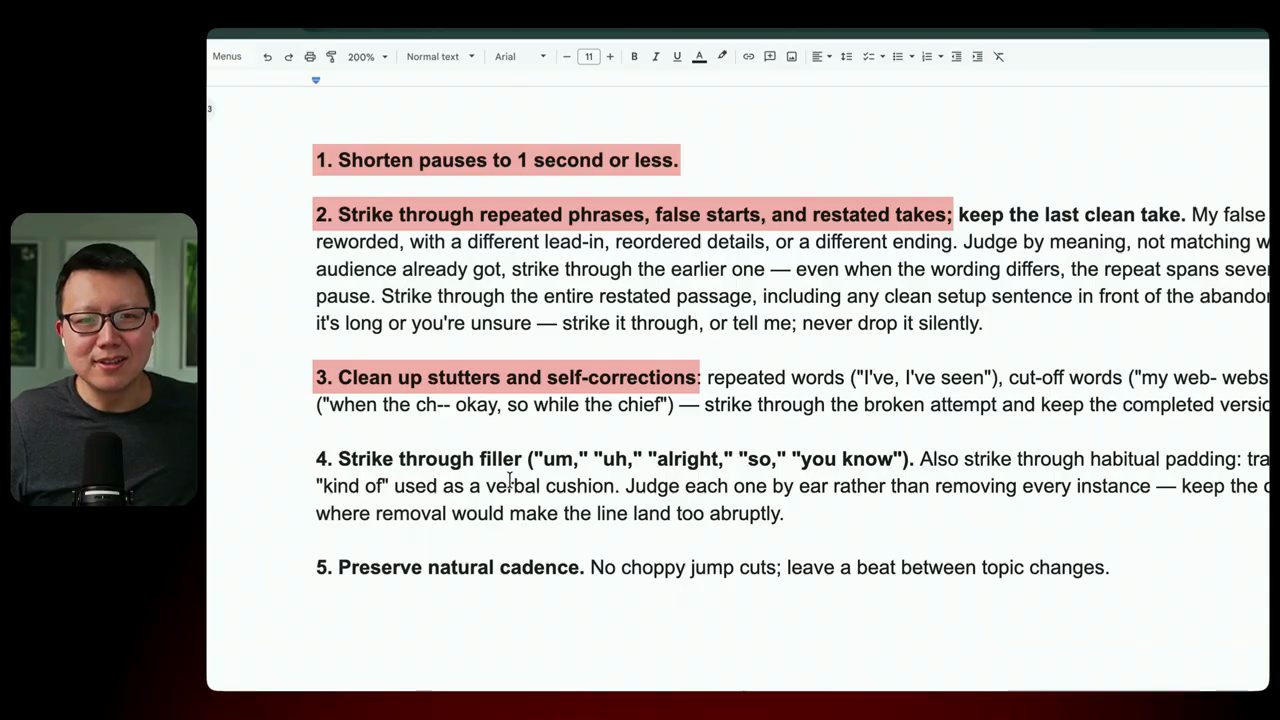 Google Docs phóng to với năm mục của prompt cắt pause, retake, stutter, filler, giữ nhịp tự nhiên