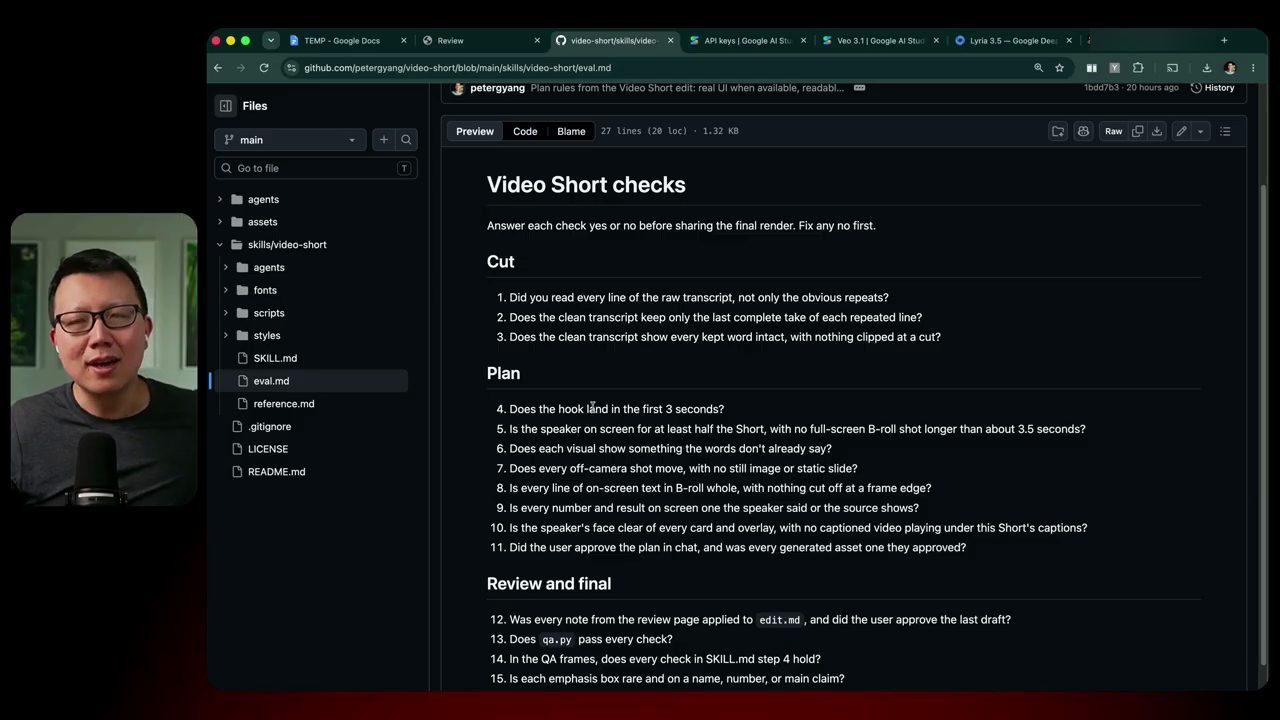 File eval.md trên GitHub: Video Short checks chia ba nhóm Cut, Plan, Review and final