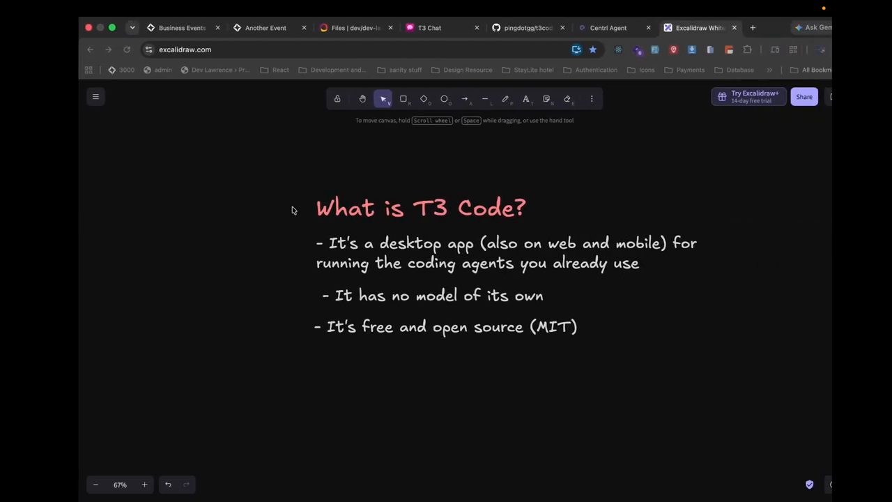 Bảng vẽ Excalidraw với tiêu đề What is T3 Code? và ba gạch đầu dòng
