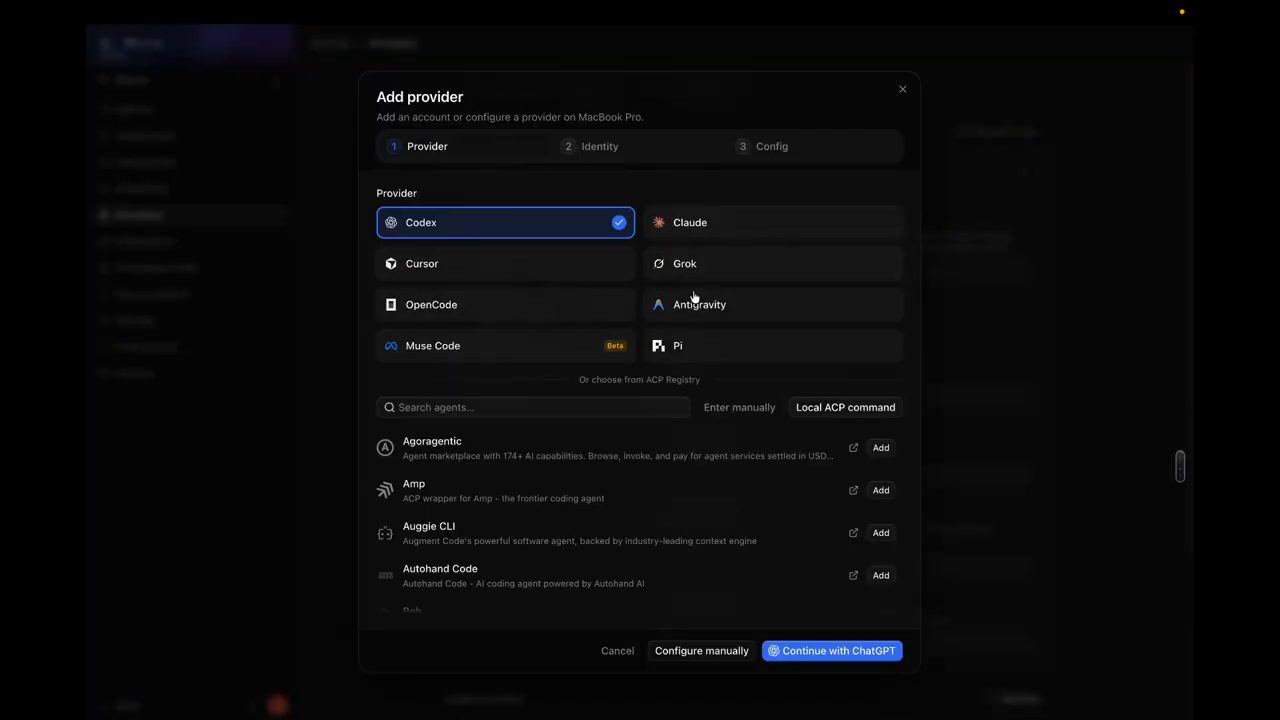 Hộp thoại Add provider với các lựa chọn Codex, Claude, Cursor, Grok, OpenCode, Antigravity, Muse Code, Pi và danh sách ACP Registry