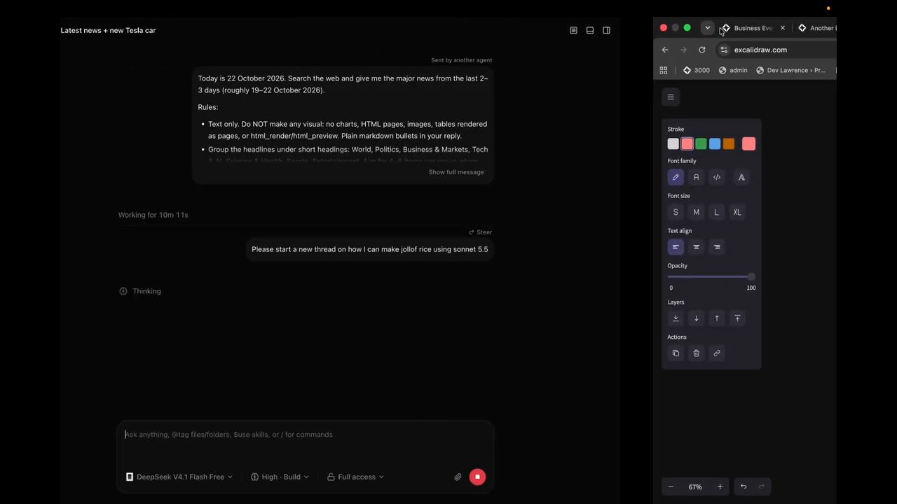 Thread Latest news + new Tesla car với tin nhắn Steer: Please start a new thread on how I can make jollof rice using sonnet 5.5, model DeepSeek V4.1 Flash Free