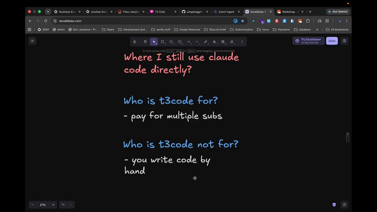 Bảng vẽ với ba câu hỏi Where I still use claude code directly?, Who is t3code for?, Who is t3code not for?