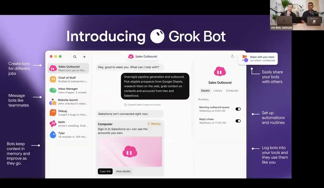 Slide Introducing Grok Bot với giao diện app và các chú thích tính năng