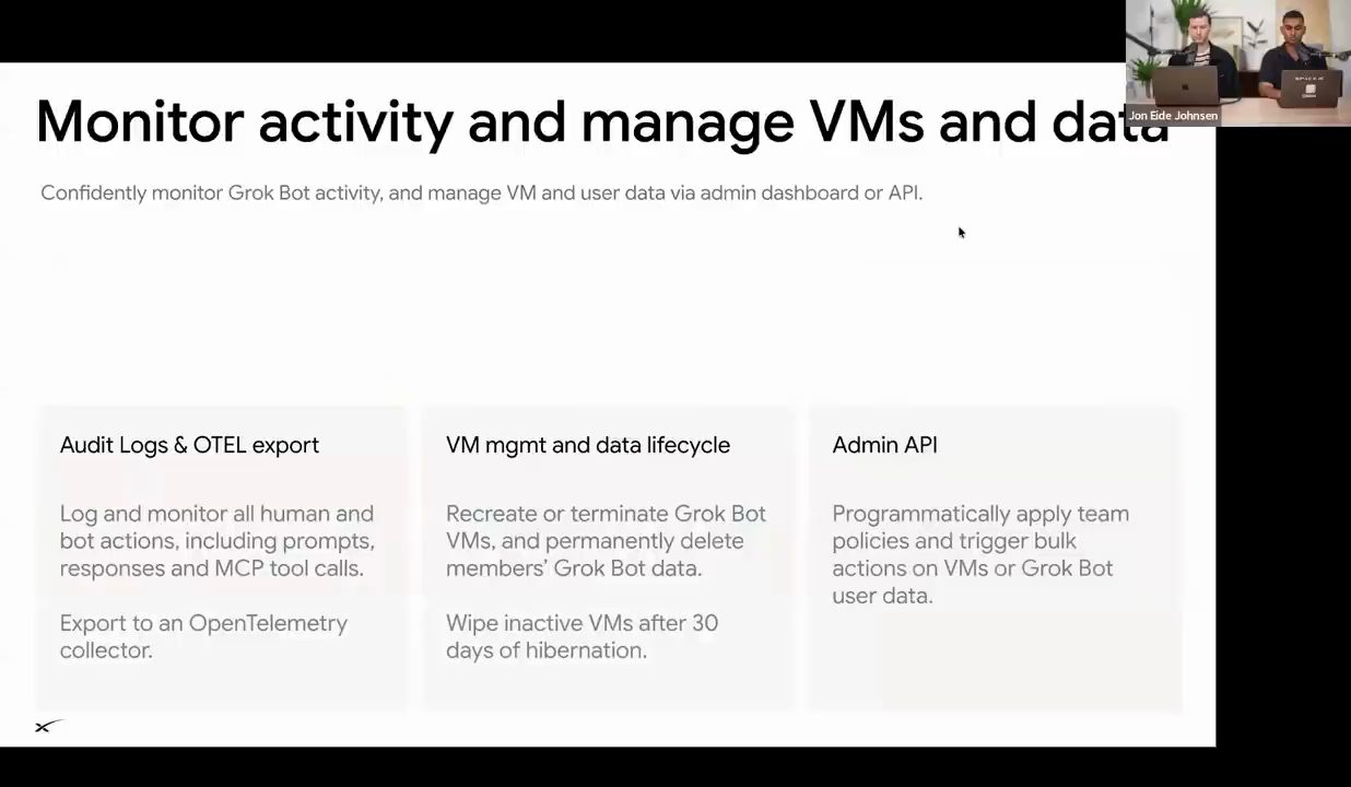 Slide Monitor activity and manage VMs and data với ba cột Audit Logs, VM mgmt, Admin API