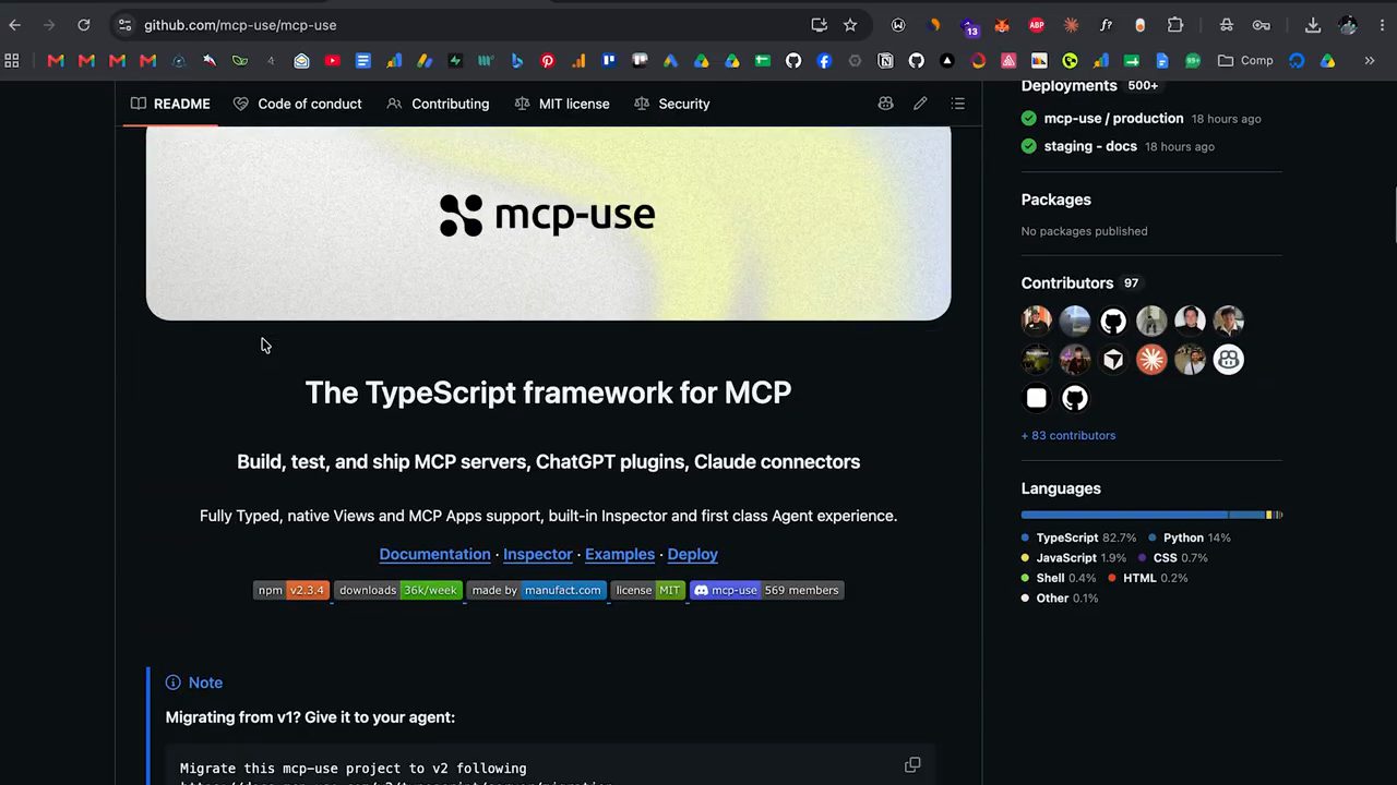 README của repo mcp-use trên GitHub với dòng The TypeScript framework for MCP