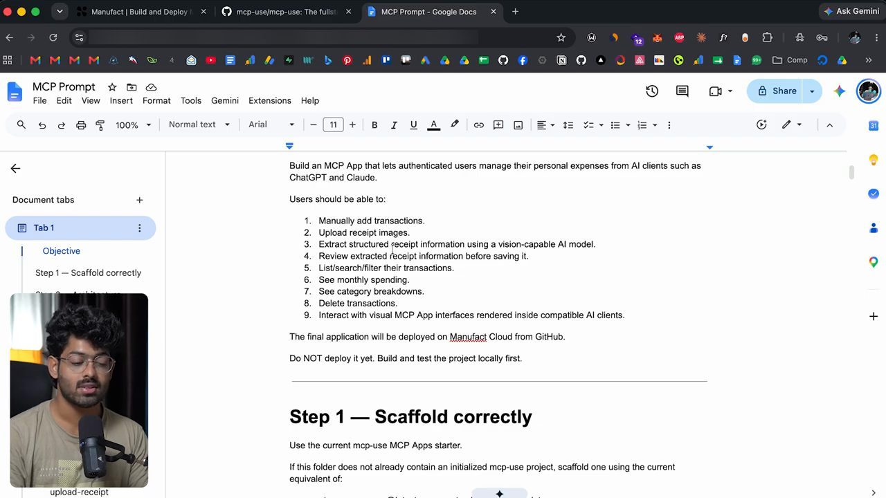 Google Doc MCP Prompt, phần Objective với chín khả năng và Step 1 Scaffold correctly
