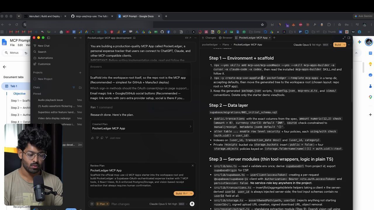 Cursor hiển thị plan PocketLedger MCP App với Step 1 Environment + scaffold và Step 2 Data layer
