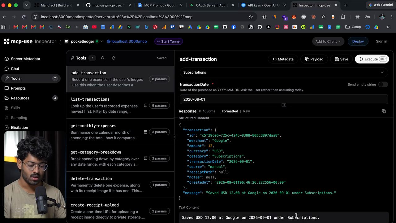 MCP Inspector của mcp-use chạy tool add-transaction và nhận về JSON giao dịch Google 12 USD