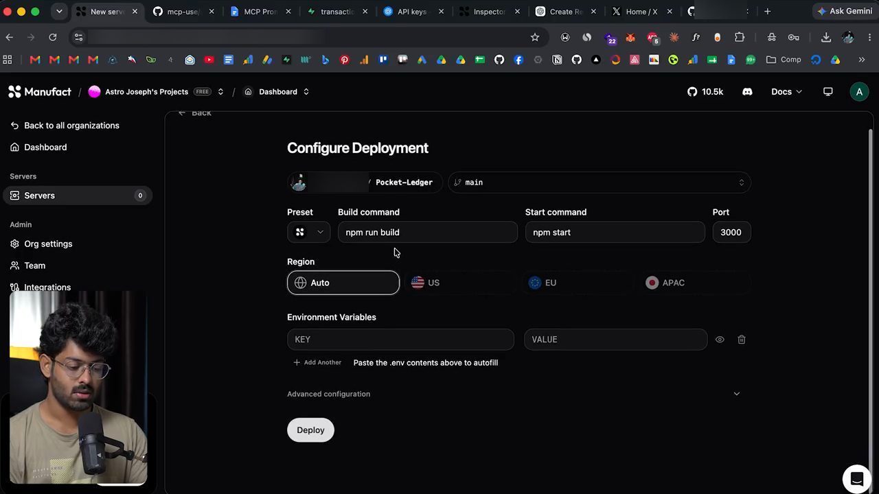 Màn hình Configure Deployment của Manufact với build command npm run build, start command npm start, port 3000