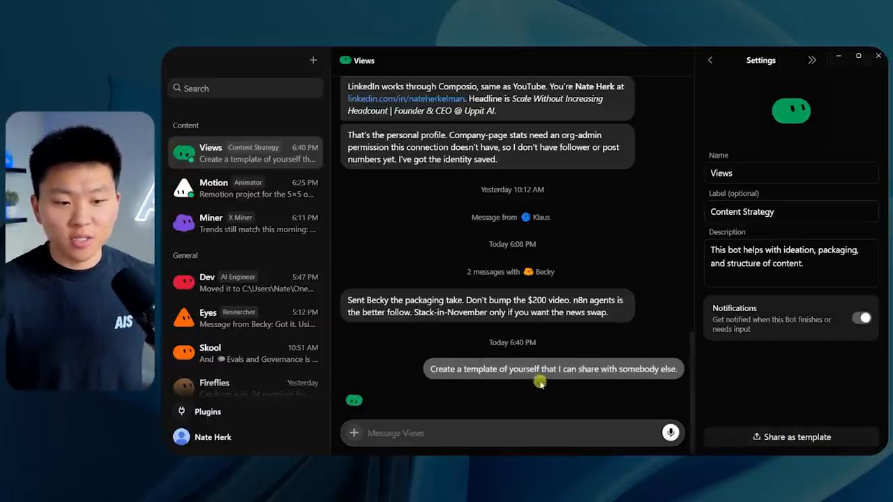 Cửa sổ chat với bot Views, yêu cầu tạo template và nút Share as template