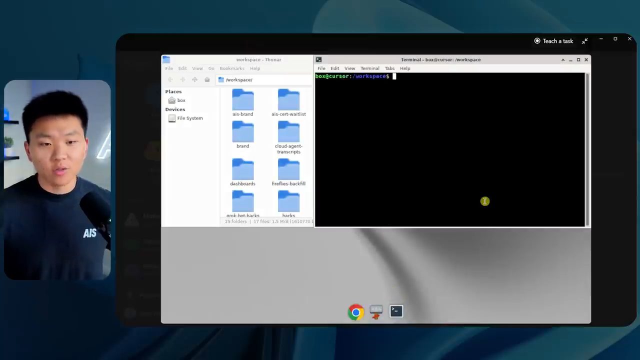 Màn hình máy tính của bot với file explorer thư mục workspace và một terminal