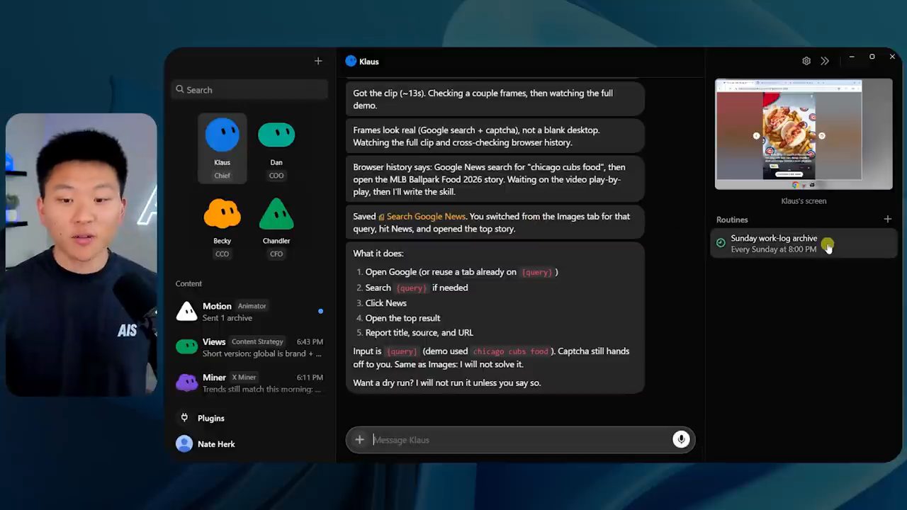 Klaus báo đã lưu skill Search Google News và liệt kê các bước