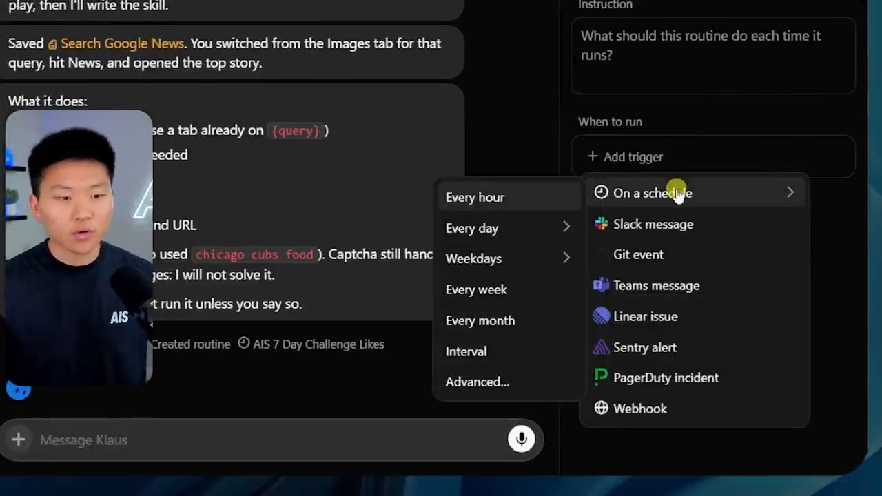 Menu Add trigger với On a schedule và các trigger sự kiện như Slack message, Webhook