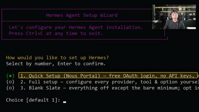 Hermes Agent Setup Wizard trong terminal với ba lựa chọn cài đặt