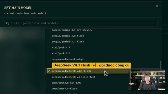 Hộp thoại Set Main Model với danh sách model, dòng deepseek-v4.1-flash được chọn