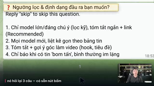 Câu hỏi của Hermes trong Telegram về ngưỡng lọc và định dạng đầu ra, có bốn lựa chọn