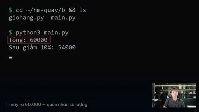 Terminal chạy python3 main.py, in Tổng 60000 và Sau giảm 10% 54000