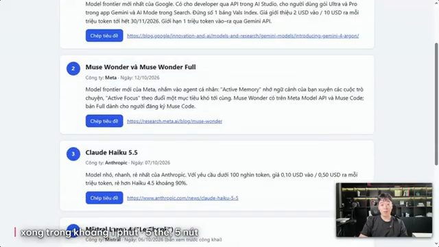 Trang web bản tin AI với các thẻ đánh số, mỗi thẻ có nút Chép tiêu đề và link nguồn