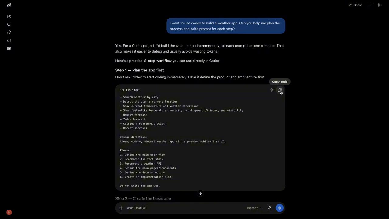 ChatGPT trả lời yêu cầu lên plan weather app với Step 1 Plan the app first và một khối prompt có nút Copy code
