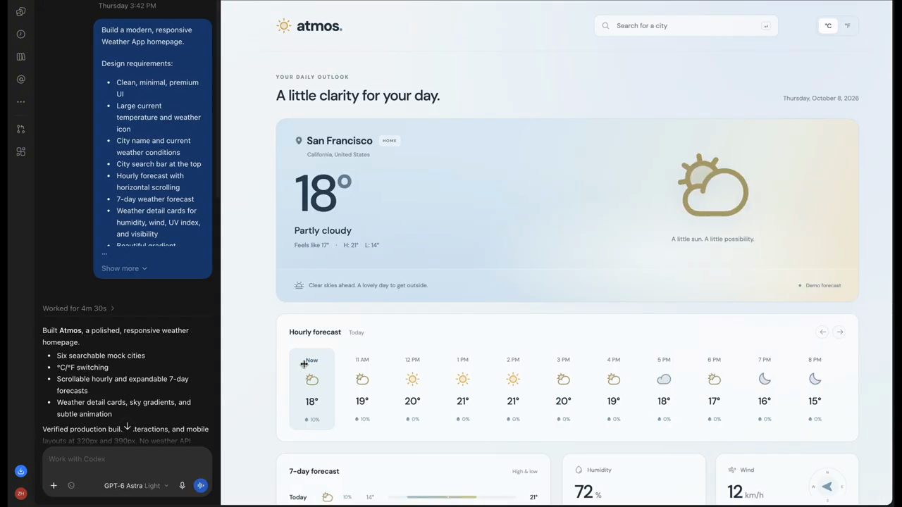 Codex bên trái với prompt build homepage, bên phải là weather app Atmos với nhiệt độ 18 độ