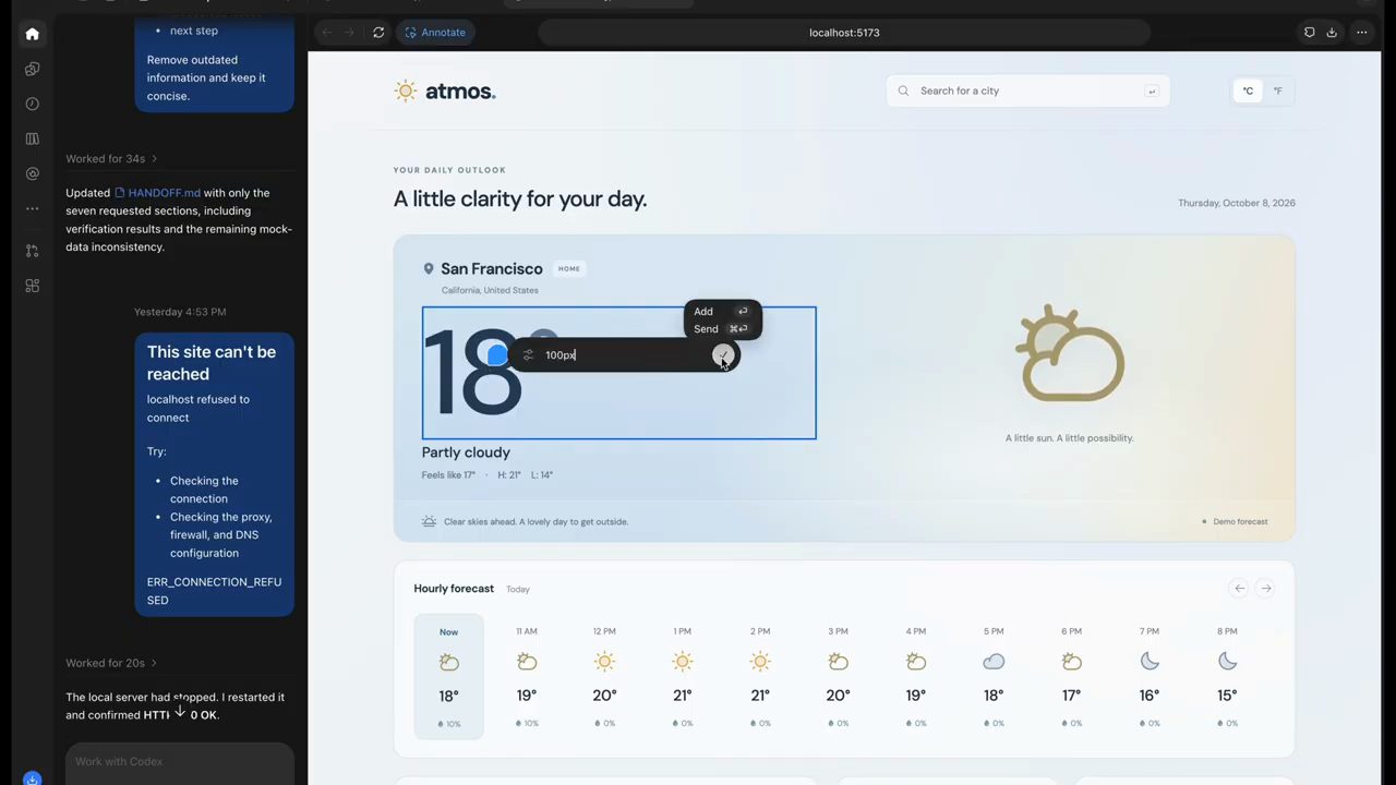 Trình duyệt trong Codex với nút Annotate, element nhiệt độ được chọn và ô chỉnh giá trị 100px