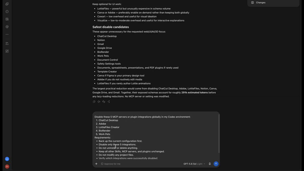 Danh sách Safest disable candidates và prompt tắt 5 MCP server hoặc plugin