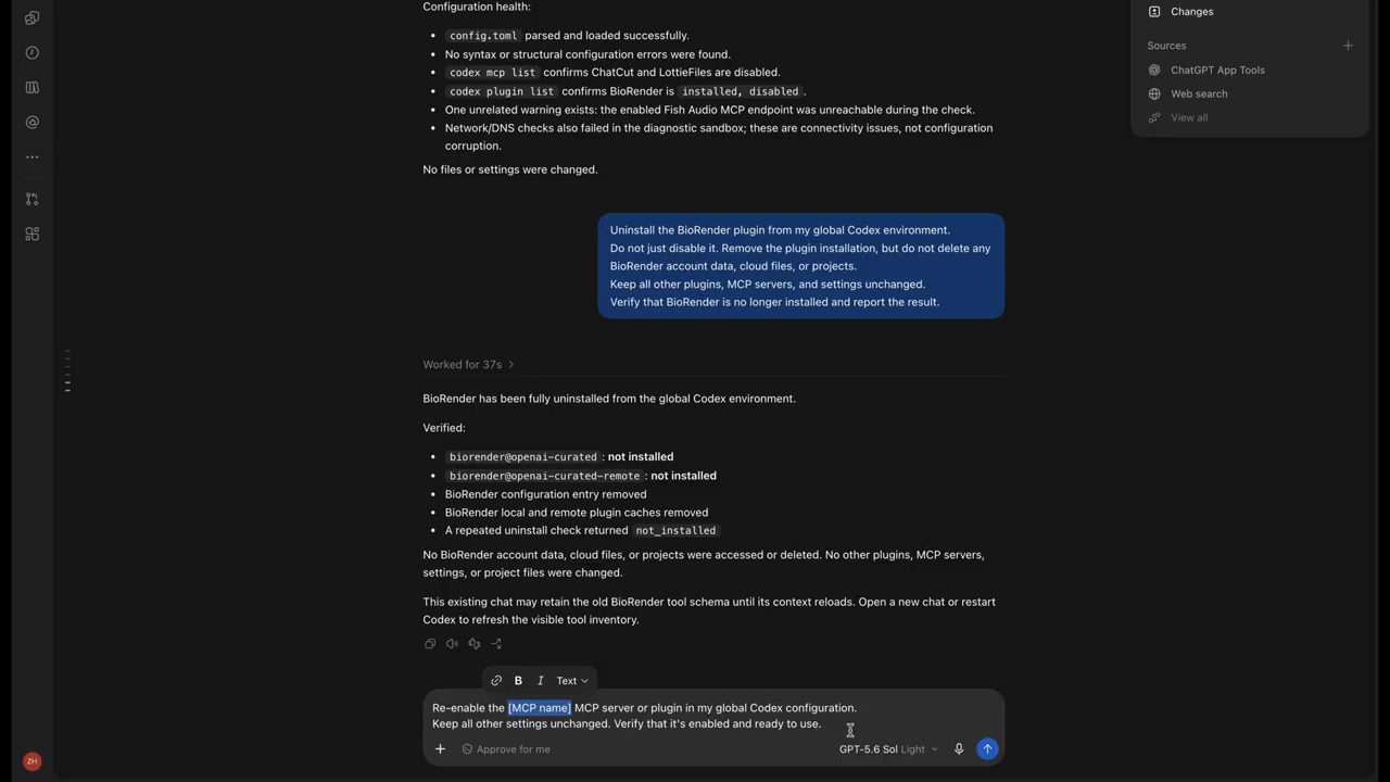 Codex báo BioRender đã được gỡ hoàn toàn và ô nhập có prompt Re-enable the [MCP name]