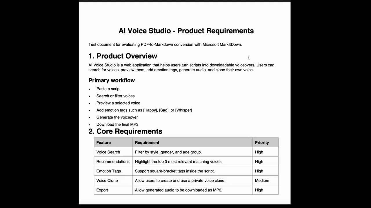 File PDF AI Voice Studio - Product Requirements với phần Product Overview và bảng Core Requirements