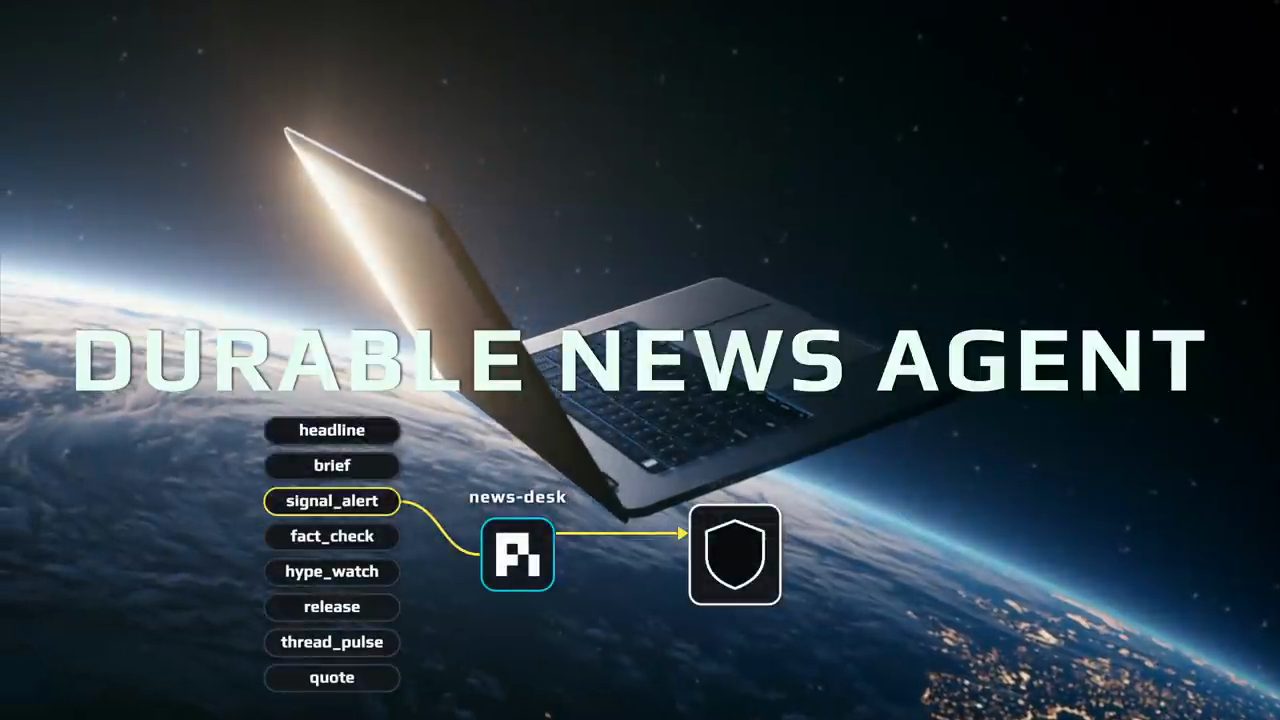 Tiêu đề Durable News Agent trên nền Trái Đất, kèm danh sách loại card và biểu tượng news-desk