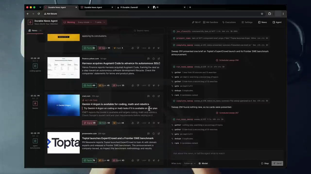 Giao diện Durable News Agent trong browser: feed tin bên trái, log các lượt sweep bên phải