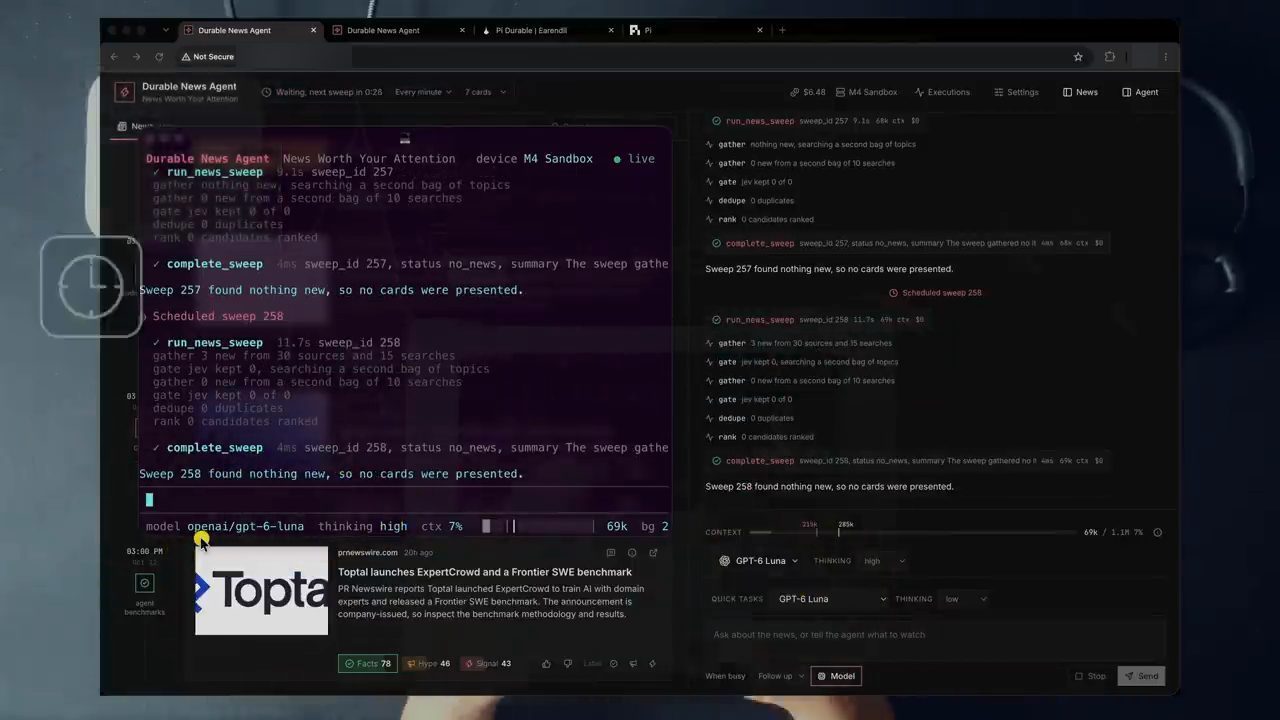 Terminal client của Durable News Agent chồng lên browser, hiển thị các sweep và model openai/gpt-6-luna
