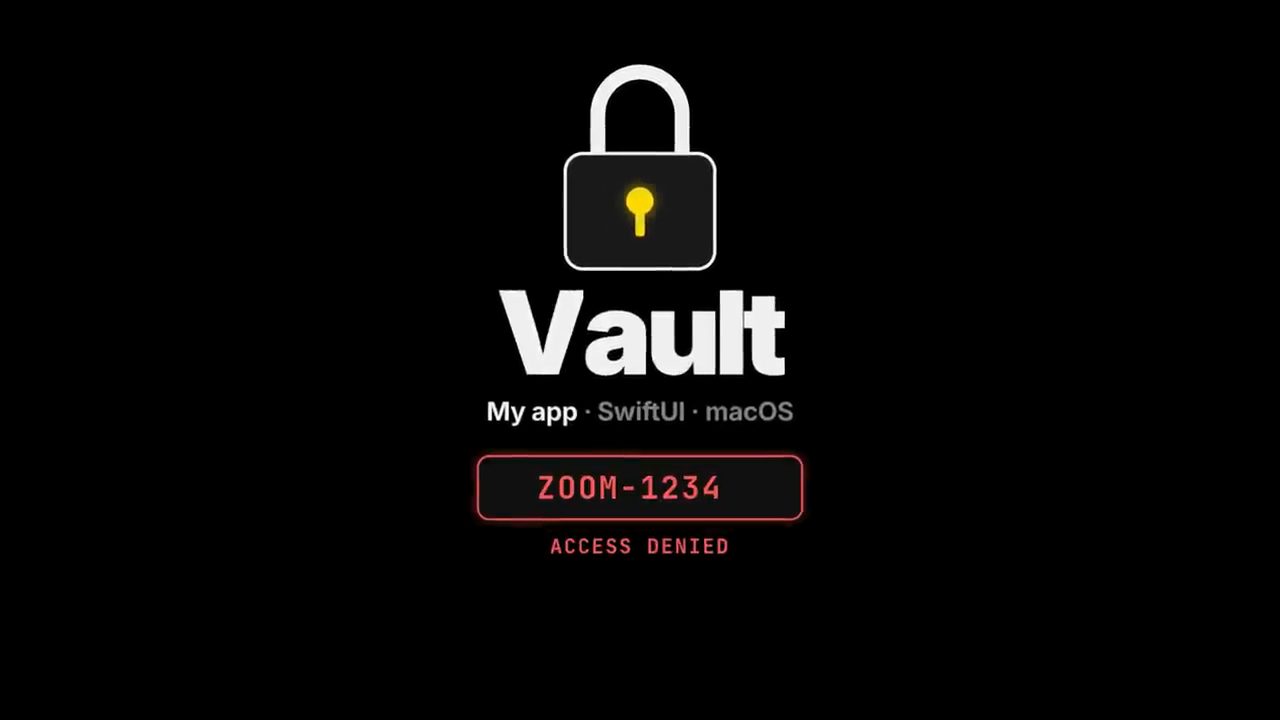 Màn hình giới thiệu app Vault, SwiftUI trên macOS, mã ZOOM-1234 bị từ chối