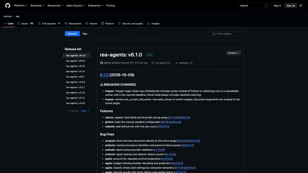 Trang Releases của repo morluto/rea, bản rea-agents v6.1.0 với mục Breaking changes