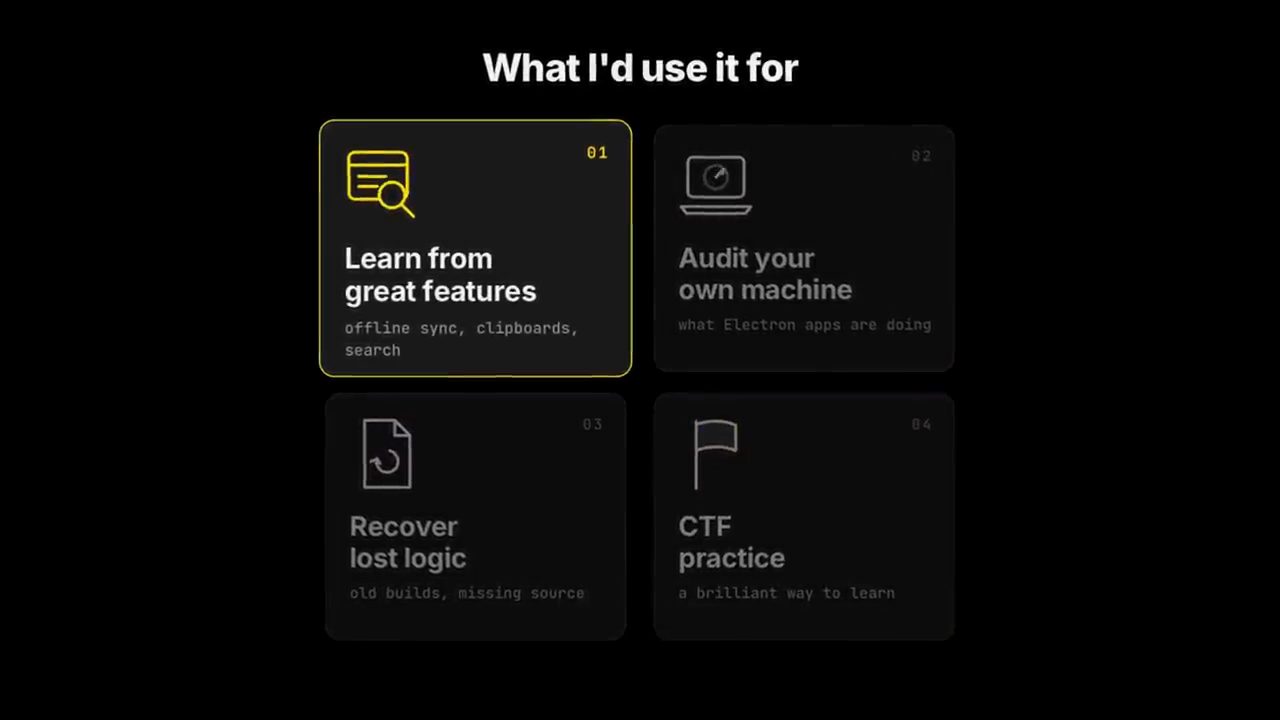 Bốn ô What I'd use it for: Learn from great features, Audit your own machine, Recover lost logic, CTF practice