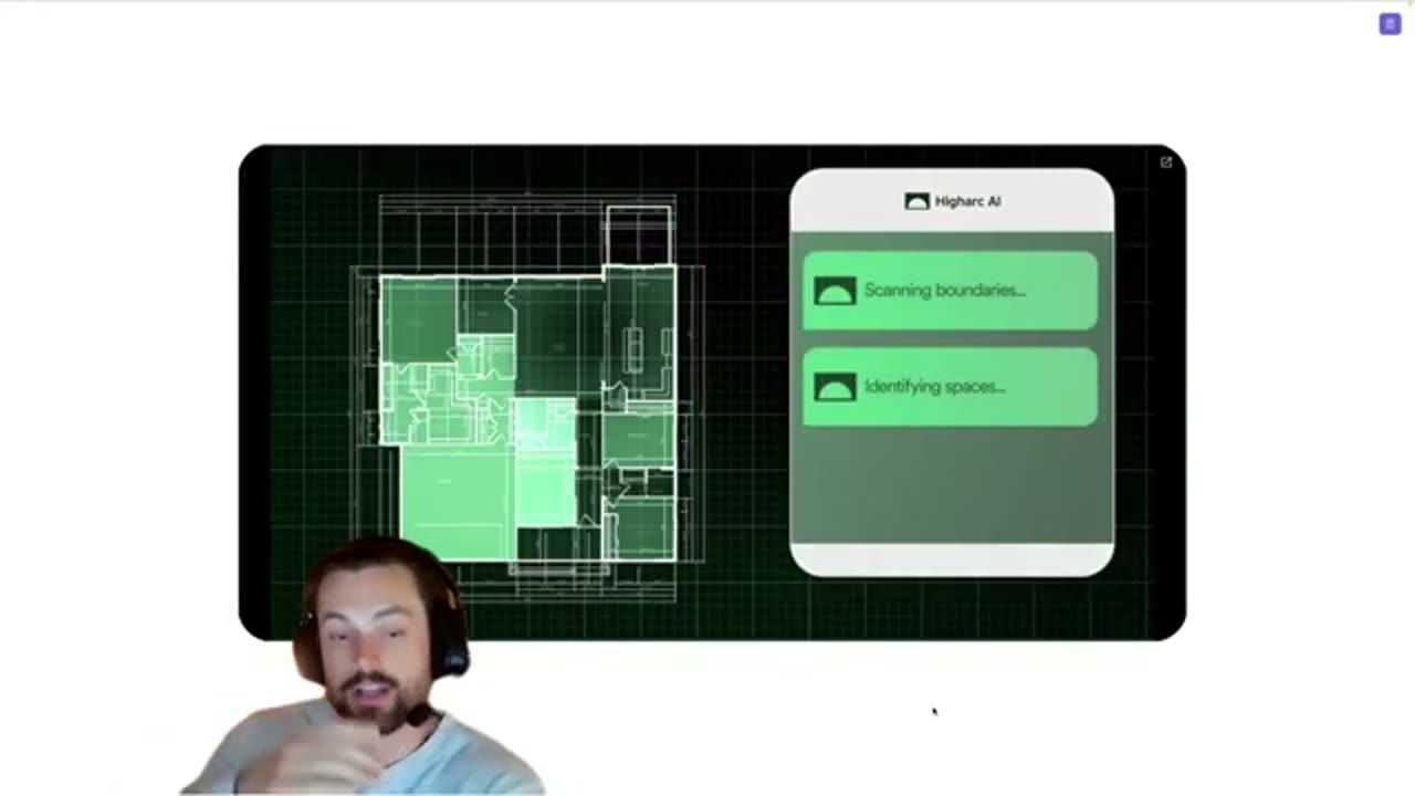 Demo Higharc AI scan bản vẽ mặt bằng, khung chat ghi Scanning boundaries và Identifying spaces