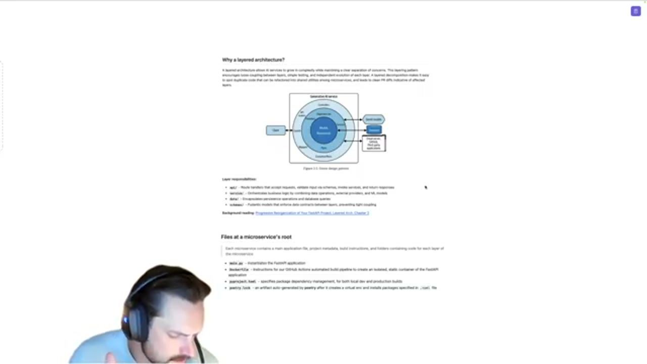 Trang tài liệu Why a layered architecture với sơ đồ các vòng đồng tâm và danh sách file ở root microservice