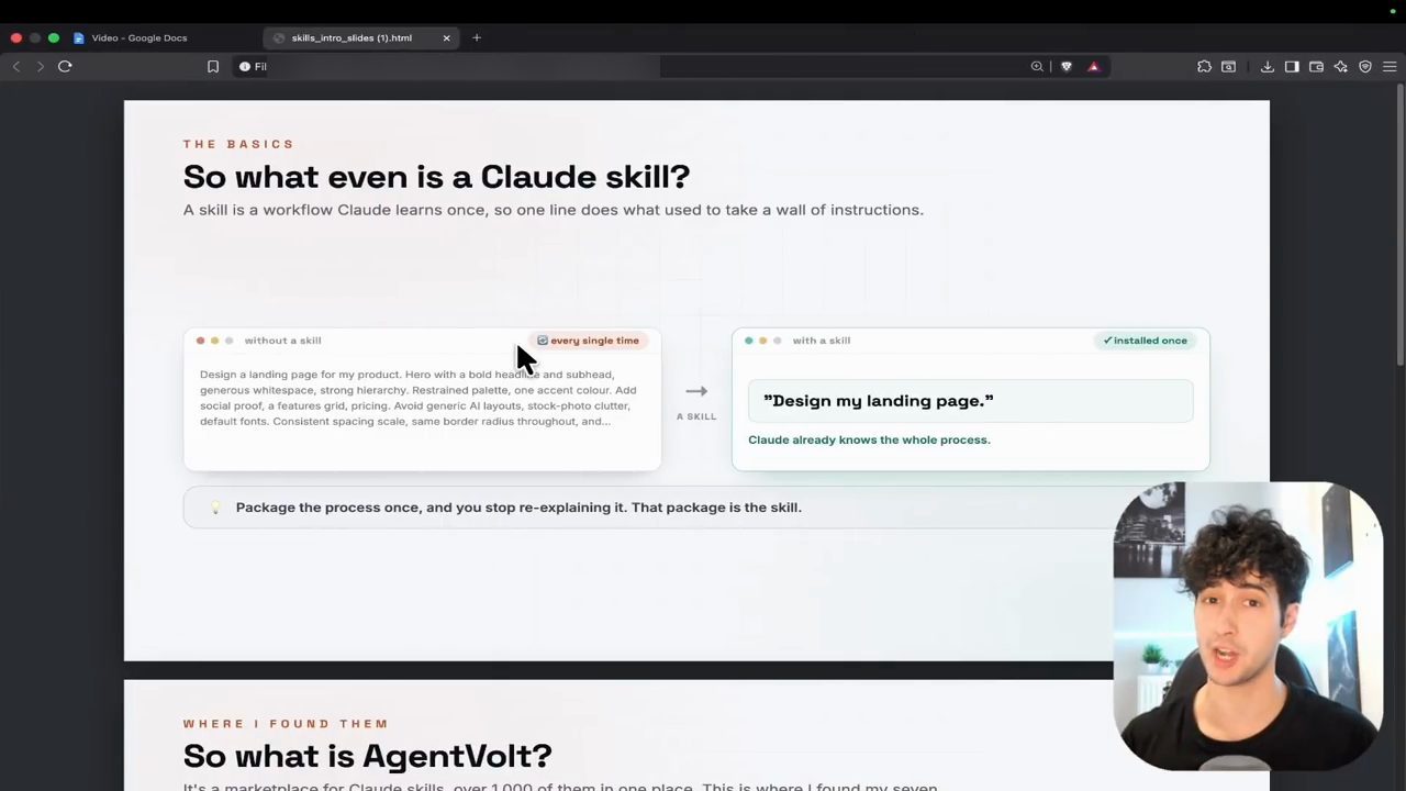 Slide So what even is a Claude skill? so sánh prompt dài không có skill với một câu Design my landing page khi có skill