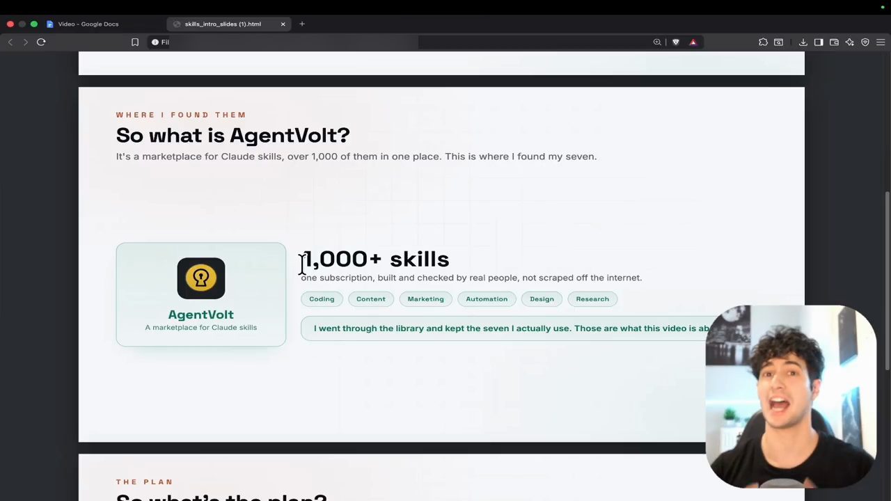 Slide So what is AgentVolt? với logo AgentVolt và dòng 1,000+ skills